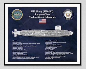 USS Tunny SSN-682, Sturgeon Class Submarine Cutaway Drawing, Sturgeon Class Submarine Poster, USS Tunny Submarine Poster, Tunny Sub Drawing