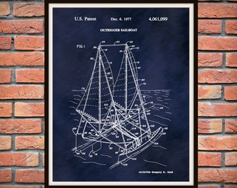 1977 Sailboat Patent Print - Outrigger Art Print, Nautical Poster, Nautical Decor, Marina Decor - Sailor Gift Idea - Sailboat Art