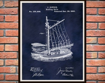 1880 Sailboat Patent Print - Reefing Sails - Nautical Poster - Sailing Ship Patent Print - Schooner - Clippership - Nautical Theme Decor