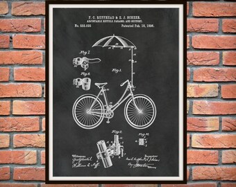 Patent 1896 Bicycle with an Adjustable Parasol and Support Art Print Designed in Rochester, NY - Poster - Wall Art - Velocipede