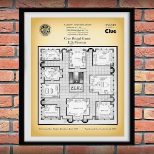 1991 年の Clue ゲーム特許プリント、古い英国の Cluedo 特許アートからの Hasbro 米国版 Clue ボード ゲーム、Clue ゲームの設計図、Clue ゲーム ボード ポスター