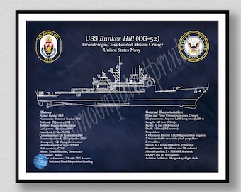 USS Bunker Hill CG-52 Poster, Ticonderoga Class Ship Drawing, Ticonderoga Class Guided Missile Cruiser Print, USS Bunker Hill CG52 Drawing