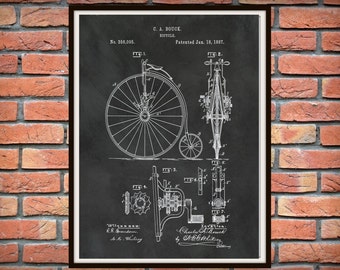 1887 High Wheel Bicycle Patent Print, 1887 Bicycle Poster, Bicycle Wall Art, Bike Drawing, Velocipede Bicycle Art Print