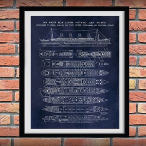 Póster del R.M.S. Titanic, dibujo del Titanic, póster del Titanic, plano del Titanic, impresión de patente del Titanic, dibujo de corte del Titanic, planos de cubierta del Titanic