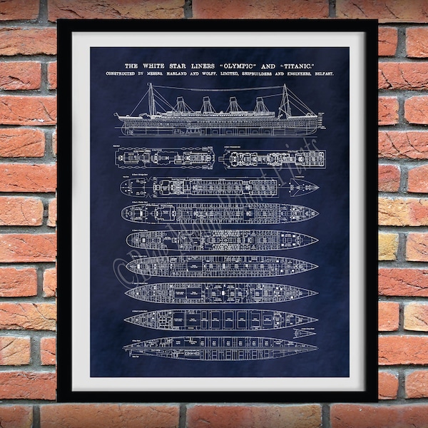 R.M.S. Affiche du Titanic, Dessin du Titanic, Affiche du Titanic, Plan du Titanic, Impression de brevet du Titanic, Dessin de découpe du Titanic, Plans de pont du Titanic