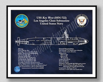 USS Key West SSN-722 Submarine Art Print, Los Angeles Class Submarine Drawing, Uss Key West Ssn-714 Poster, Submarine Wall Art