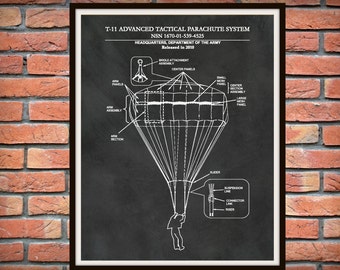 T-11 Parachute Drawing - US Military Parachute Blueprint - Soldier Wall Art - Paratrooper Wall Art - Army Airborne Assault - Airborne Decor