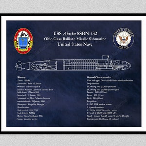 USS Alaska SSBN-732 Ohio Class Submarine Blueprint, USS Alaska Submarine Poster, Ohio Class Ballistic Missile Submarine Drawing