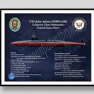 USS John Adams SSBN-620 Submarine Drawing, Lafayette Class Submarine Poster, USS John Adams Submarine Poster Submarine Decor Sailor Wall Art
