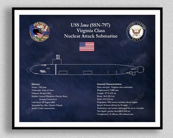 USS Iowa SSN 797 Drawing, Virginia Class Submarine Blueprint, USS Iowa SSN797 Submarine Poster, Uss Iowa Ssn-797 Blueprint