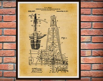 1911 Oil Drilling Rig Patent Print - Oil Rig Poster Print - Texas Oil Rig - Hydraulic Drilling Rig Art Print