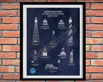 US Lighthouses of the East Coast, Lighthouse Poster, Lighthouse Collector Decor, Minots Ledge Lighthouse, Cape Hatteras Lighthouse Wall Art