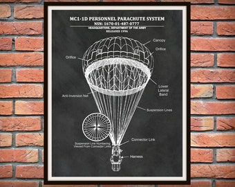 MC1-1D Parachute Drawing Personnel Parachute System - US Military Parachute Blueprint - Paratrooper Decor - Airborne Decor - Skydiver Gift