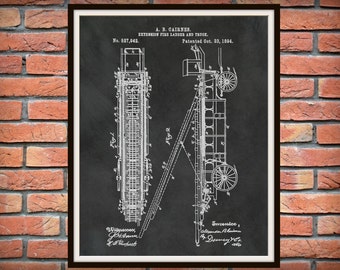 1894 Fire Extension Ladder Patent Print, Fire Ladder Truck #1 Poster, Fire Department Blueprint, Fire Fighter, 1894 Fire Truck Diagram