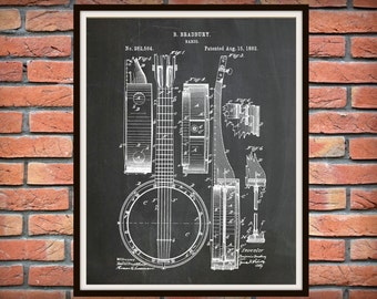 Patent 1882 Banjo - Musical Instrument Art Print - String Instrument - Wall Art - Blue Grass Art - Folk Art - Country Music Wall Art