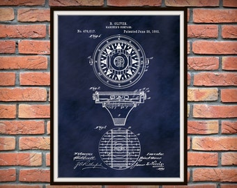 1892 Mariner's Compass Patent Print - 1892 Compass Blueprint - Nautical Decor -  Mariner Art Wall - Sailor Gift Idea - Beach House Decor