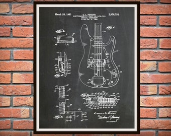 Patent 1961 Fender Bass Guitar Designed by Clarence Fender - Rock Band Instrument - Music Room Art - Orchestra Art - Electric Guitar Patent