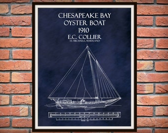 1910 Chesapeake Bay Oyster Boat Drawing, E.C. Collier Oyster Boat Print,  Nautical Decor, Two Sail Bateau Skipjack Wall Art, Sailboat Poster