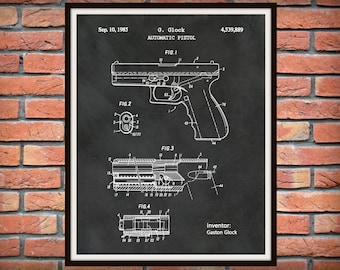 1985 Glock Pistol Patent Print - Glock Pistol Poster -  Glock Firearm - Military Weapon - Automatic Handgun - NRA Decor - Gun Collector Art