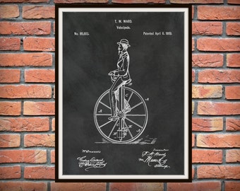 Patent 1869 Velocipede Bicycle Unicycle Art Print - Poster - Bike -  Antique Unicycle Design Home Office Decor