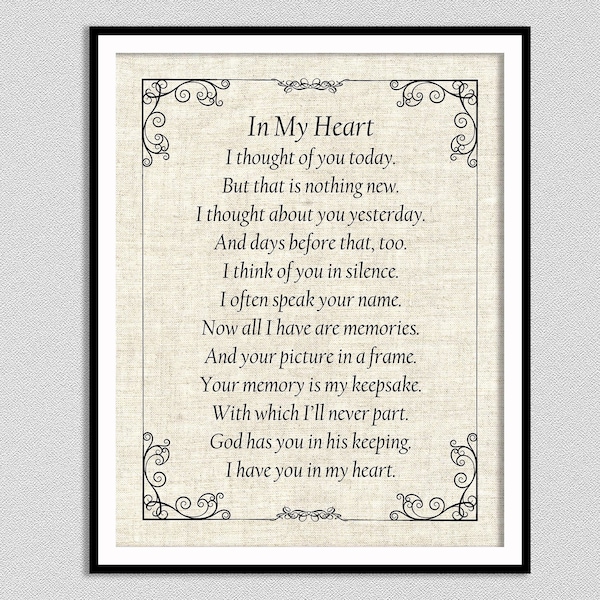 In My Heart Bereavement Poem Art Print, From The Heart Inspirational Poem Giclee Print, Mourning Poem Wall Art, Grief Poem, In Memoriam Poem