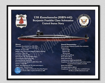 USS Kamehameha SSBN-642 Submarine Drawing, Benjamin Franklin Class Submarine Poster, USS Kamehameha Submarine Poster