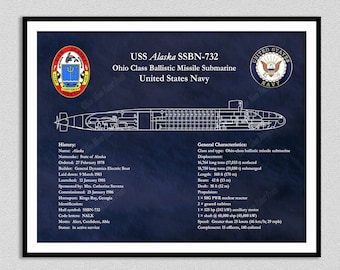 USS Alaska SSBN-732 Ohio Class Submarine Blueprint, USS Alaska Submarine Poster, Ohio Class Ballistic Missile Submarine Drawing