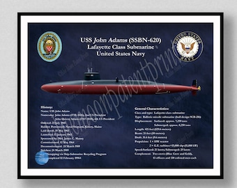 USS John Adams SSBN-620 Submarine Drawing, Lafayette Class Submarine Poster, USS John Adams Submarine Poster Submarine Decor Sailor Wall Art