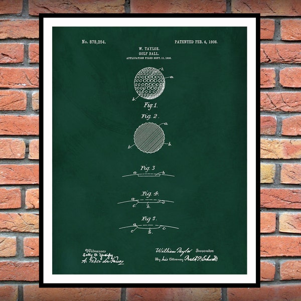 1908 Golf Ball Patent Print - Taylor Made Golf Ball Patent - Golf Pro Shop Decor - LPGA - PGA Decor - 1st Dimpled Golf Ball Design