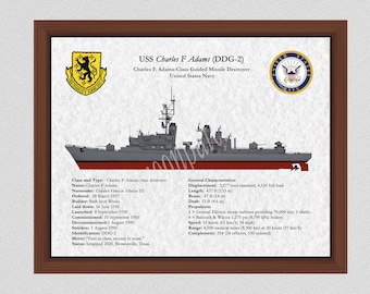 USS Charles F Adams DDG-2 Destroyer Drawing, Charles F. Adams-Class Destroyer Drawing, Adams Class Destroyer Blueprint, US Navy Art Print