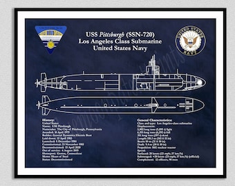 USS Pittsburgh SSN-720 Submarine Blueprint, Los Angeles Class Submarine Drawing, Uss Pittsburgh Ssn-720 Schematic, US Navy Wall Art Print