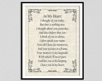 In My Heart Bereavement Poem Art Print, From The Heart Inspirational Poem Giclee Print, Mourning Poem Wall Art, Grief Poem, In Memoriam Poem