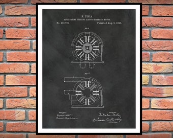 1890 Tesla Alternating Current Electromagnetic Motor Patent Print - Nikola Tesla Science - Engineer Gift - Technology Art - Tesla Invention