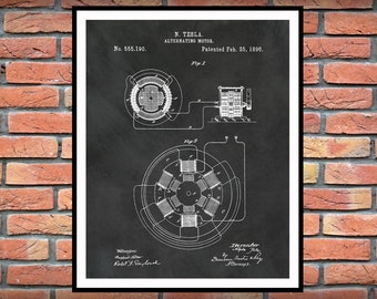 1896 Tesla Alternating Motor Patent Print - Science Lab - Electrical Engineer Wall Art - Electricity Patent - Nikola Tesla Motor Patent