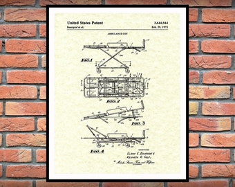 1972 Ambulance Cot Patent Print, Ambulance Gurney Poster, Ambulance Cot Blueprint, Hospital Gurney Art Print, EMS Paramedic Gift Idea