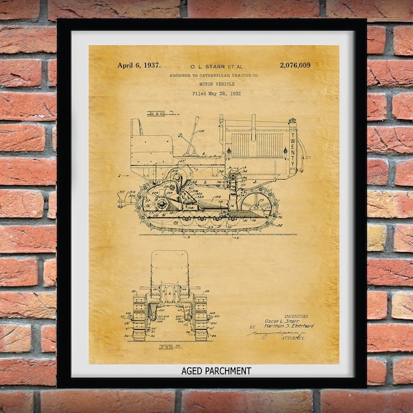 1932 Caterpillar Twenty Tractor Patent Print - Póster de tractor Caterpillar - Plano del tractor Caterpillar - Decoración agrícola - Arte de construcción