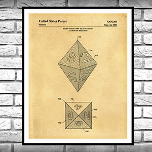 1984 Dice Patent Print, Octahedron Dice Blueprint, Game Room Decor, Dungeons & Dragons, DnD Player, Dungeon Master Dice Print, 8-Sided Dice