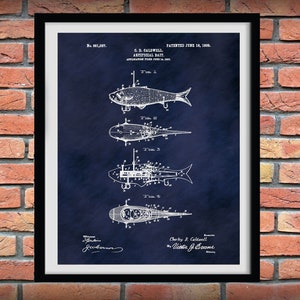 1908 Artificial Fish Bait Patent Print #2, Fishing Lures Poster,  Mechanical Fish Lure Art Print, Fishing Camp Decor, Fishing Tackle Poster
