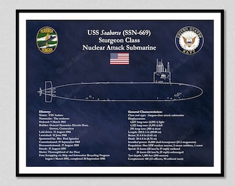 USS Seahorse SSN-669, Sturgeon Class Submarine Blueprint, Sturgeon Class Sub Poster,USS Seahorse Nuclear Submarine Drawing,Seawolf Art Print