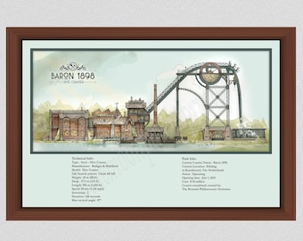 Baron 1898 Roller Coaster Drawing, Legend of the Witte Wieven, Netherlands Roller Coaster Poster, 1898 Baron Roller Coaster Art Print