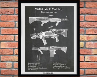 M60E4 Machine Gun Blueprint, Rifle Print, NRA Decor, MK43 Machine Gun Art Print, M60 Rifle Patent, Military Multi-use Machine Gun