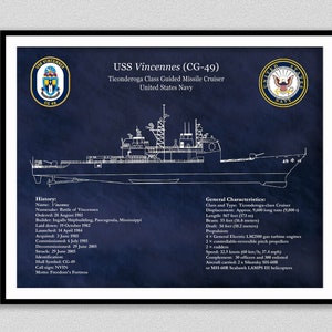 USS Vincennes CG-49 Blueprint, Ticonderoga Class Cruiser Drawing, Ticonderoga Class Guided Missile Cruiser Drawing, US Navy Wall Art Print