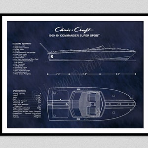 1969 Chris Craft Commander Boat Drawing, Chris Craft Commander Poster, Nautical Decor, Chris Craft Blueprint, Chris Craft Commander Club