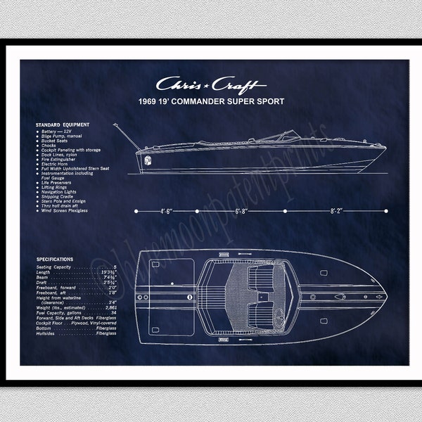 1969 Chris Craft Boat Drawing, Chris Craft Commander Super Sport Poster, Decoración náutica, Chris Craft Blueprint, Chris Craft Commander Club