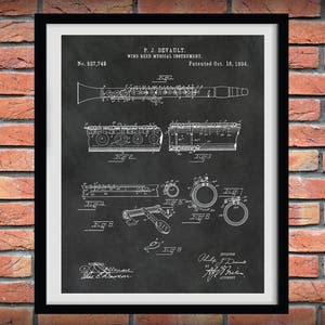 1894 Clarinet Patent Print - Musical Instrument - Wind Reed Instrument -  Music Room Art - Orchestra Wall Art - Marching Band