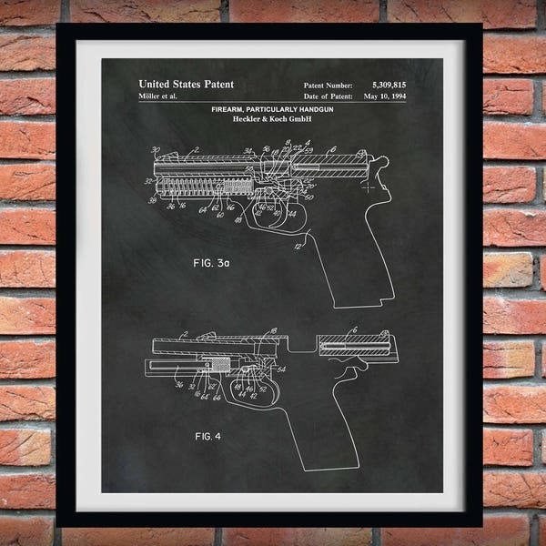 1994 H&K Hand Gun Patent Print, Heckler and Koch Pistol Poster, Firearms Enthusiast Gift,Semi-Automatic Pistol,Man Cave Decor - Self Defense