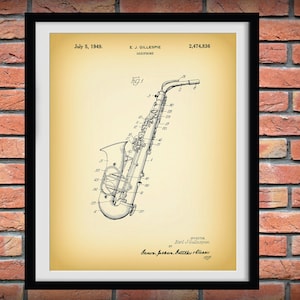 1949 Saxophone Patent Print By Gillespie - Musical Instrument - Brass Horn -  Music Room Art - Marching Band - Jazz Band Gift