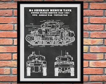 M4 Sherman Tank Poster - World War II Sherman Medium Tank M4 Poster - Sherman M4A1 Tank Print - M4A4 Military Tank Print - Military Decor