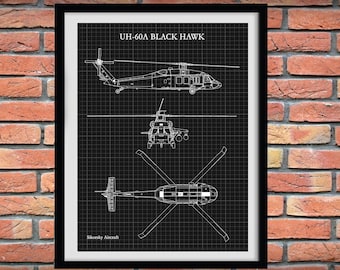 UH-60A Black Hawk Helicopter Art Print, Sikorsky UH-60A Helicopter Blueprint - Chopper Pilot Gift - Sikorsky UH-60 Chopper, Helicopter Decor