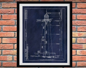 Sandy Hook Lighthouse Drawing - Sandy Hook Lighthouse Blueprint Sandy Hook Lighthouse Art Print- Nautical Decor - Lighthouse Lover Gift Idea